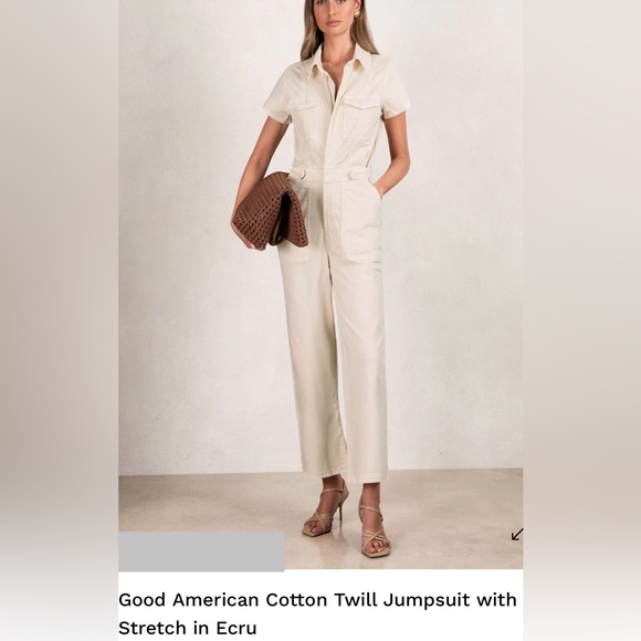 Good American Fit For Success Twill Palazzo Crop Jumpsuit in Ecru, Size: Large - Picture 3 of 14